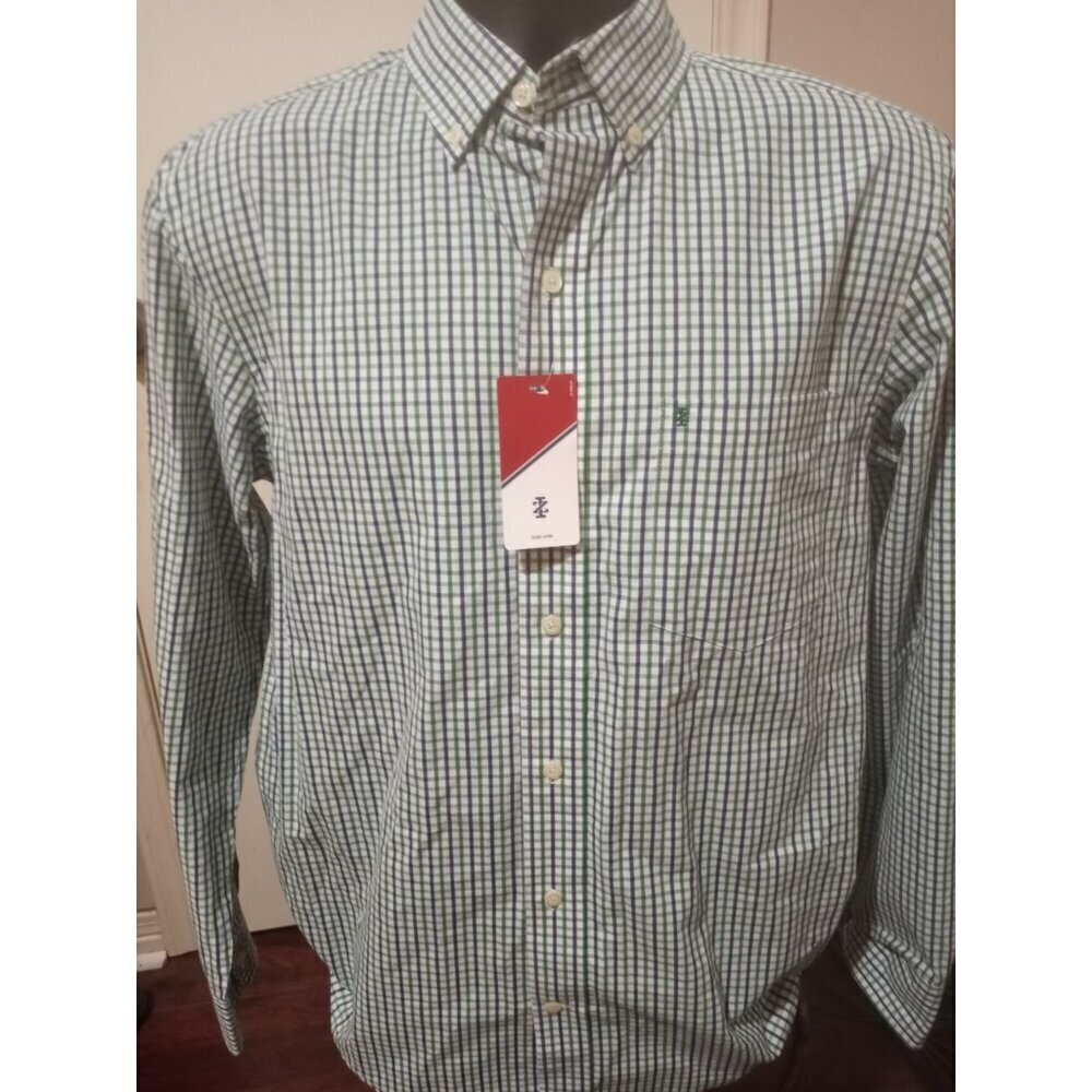 New Men's Izod button shirt Small S Long Sleeve blue/green/white plaid NWT